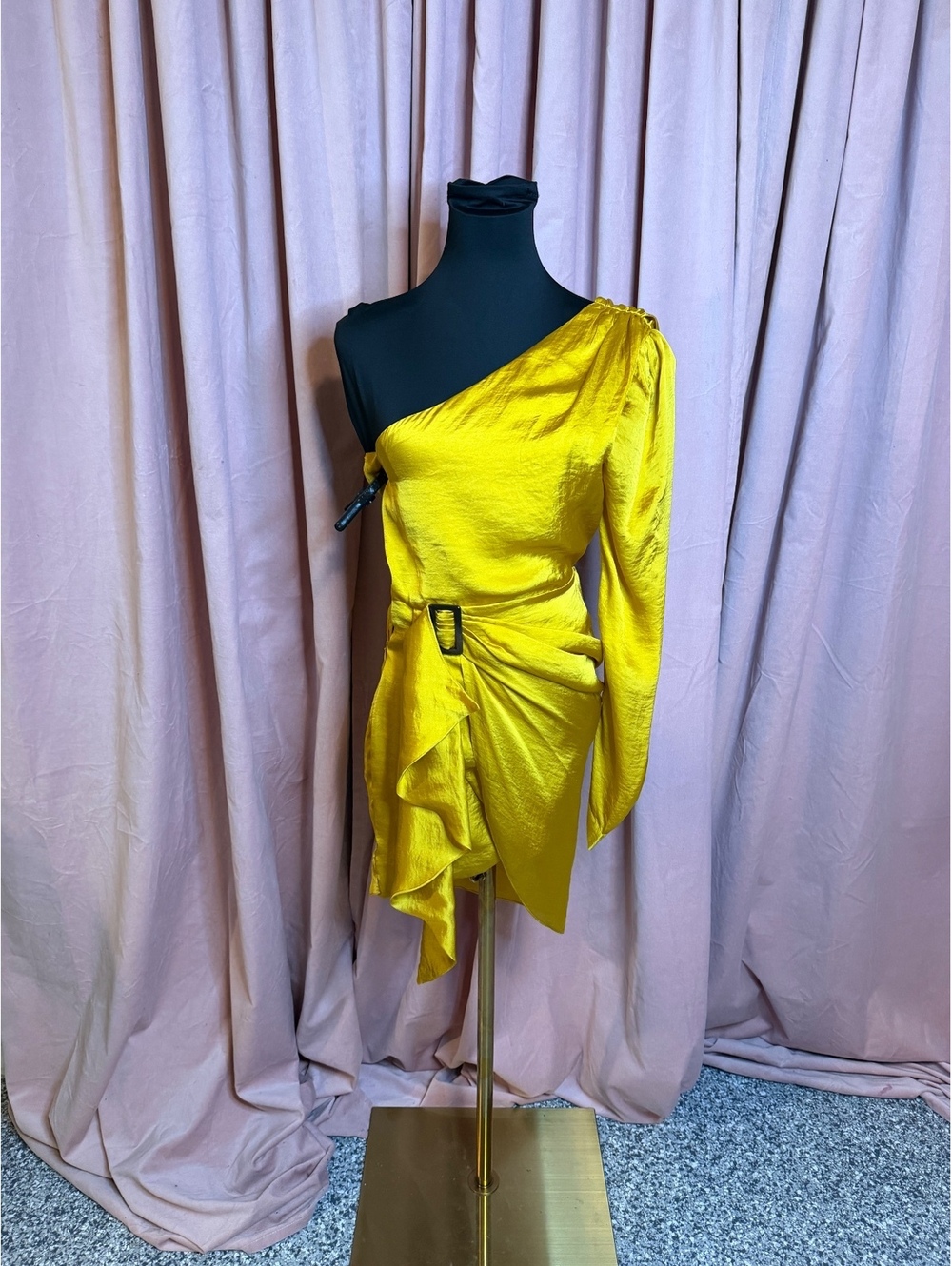 Lovers and Friends Mustard Yellow One-Shoulder Satin Dress XXS